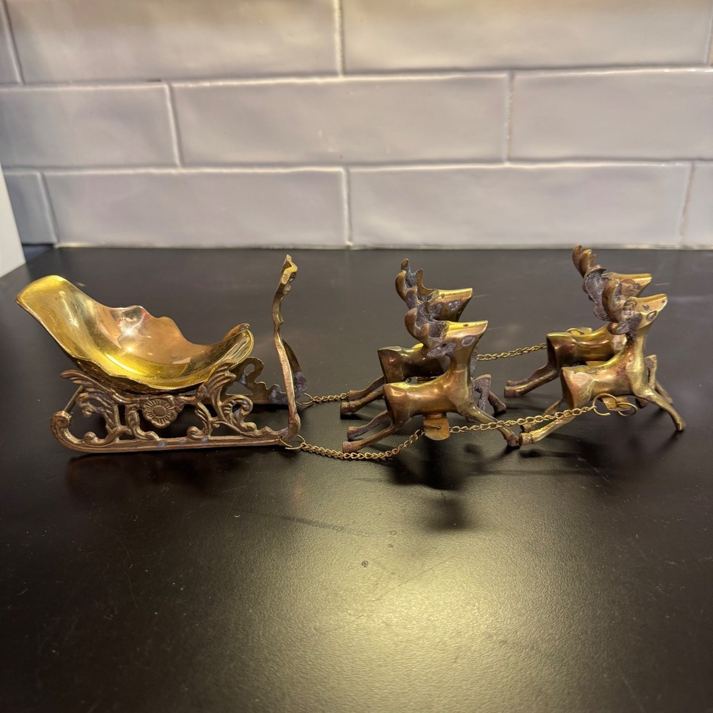 Vintage Brass Reindeer and Sleigh Set Gold Christmas Tabletop Decor Retro